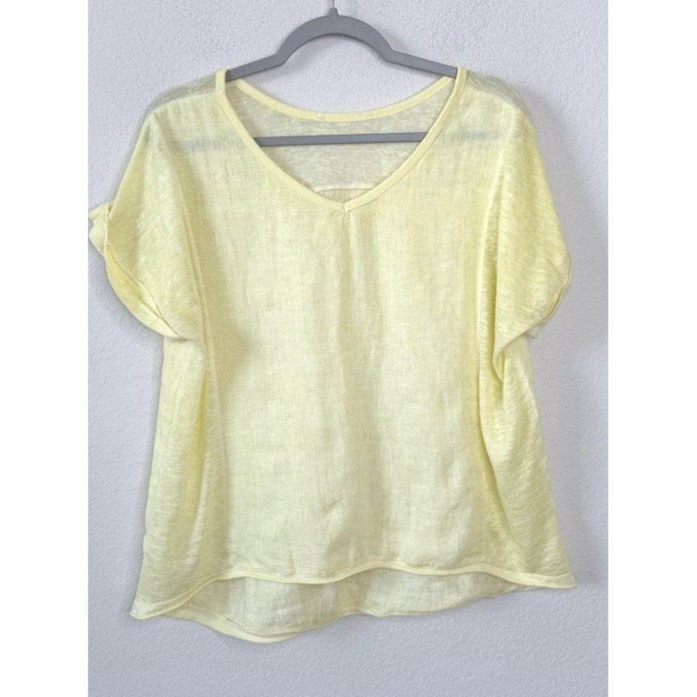 Italian Linen Top L Yellow Sheer Mixed Texture V Neck Oversized Coastal Beachy